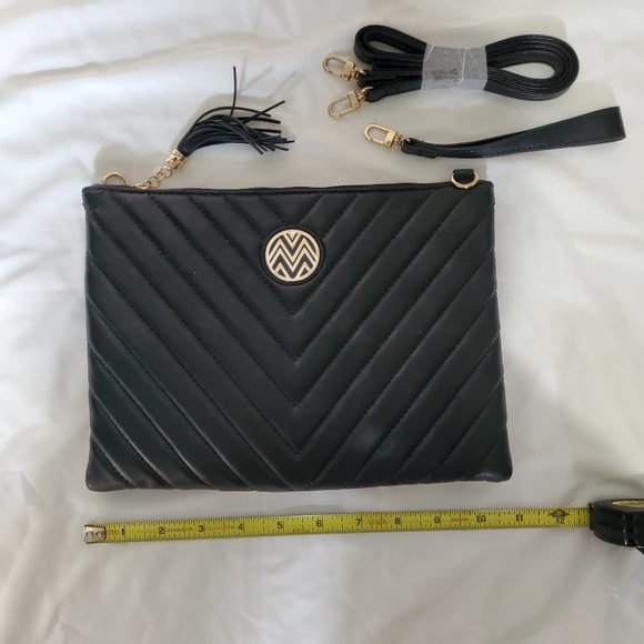 Macbeth Quilted Black Clutch w/ Gold Accents + Removeable Wrist + Shoulder Strap - Picture 1 of 8